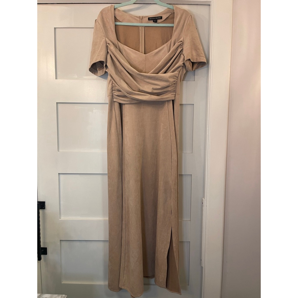 Boston Proper Draped Ruched Maxi Dress Tan Suede Look Size 12 Short Sleeve 54” L - Picture 2 of 11